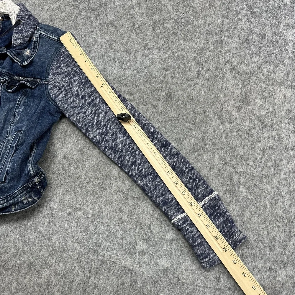 Free People Jacket Womens S Blue Denim Jean Hooded Knit Sleeve Distressed - Picture 16 of 16